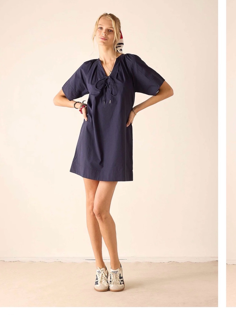 Tie-Neck Navy Mini Dress with Short Sleeves